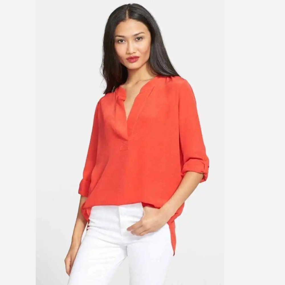 DIANE VON FURSTENBERG ESTI RED SILK ROLLED TAB SLEEVE BLOUSE - 2